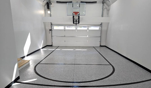 Multi-color flake garage floor with Basketball Court - 